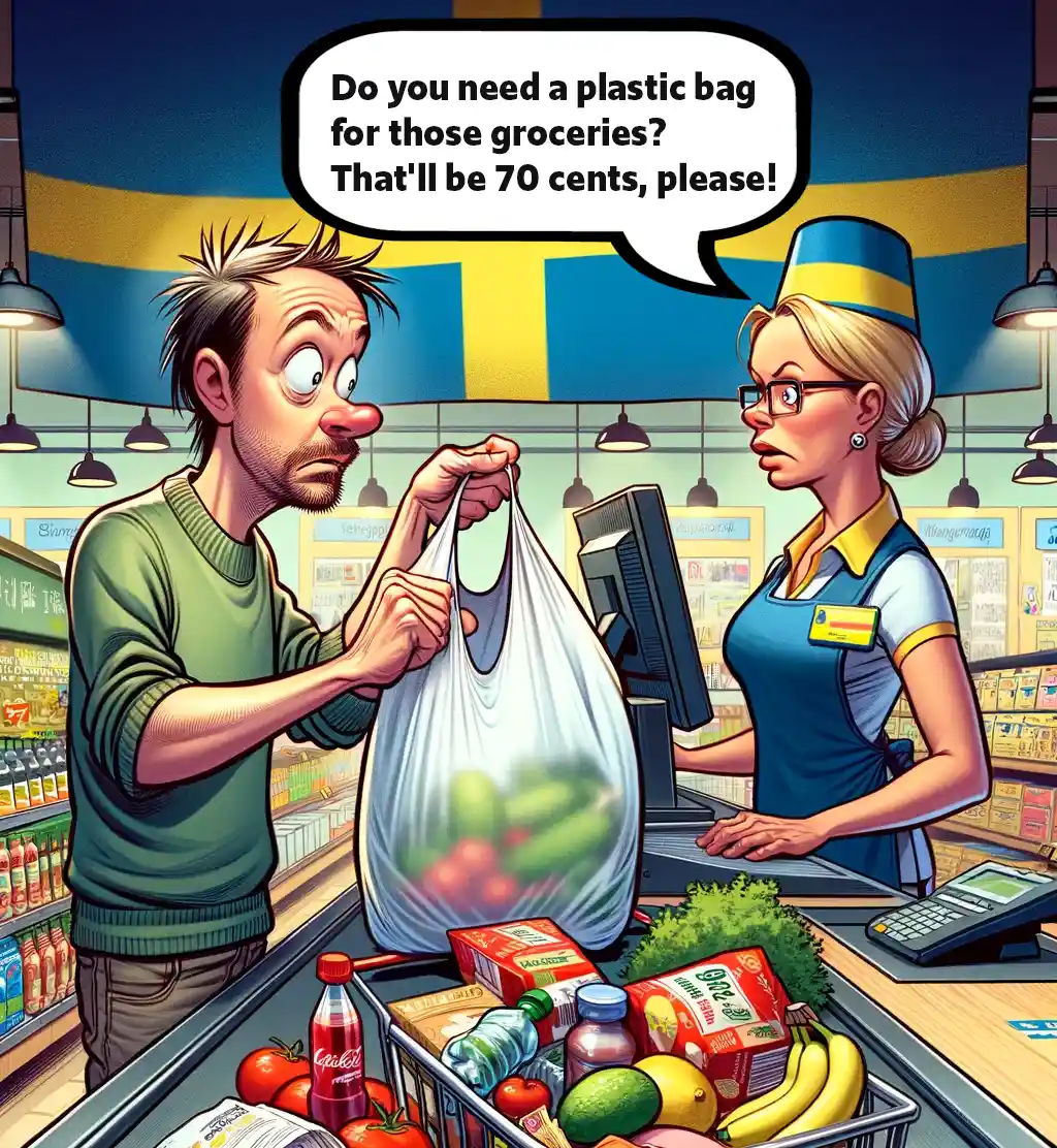 Funny picture of being asked to pay for plastic bag to carry home the groceries in