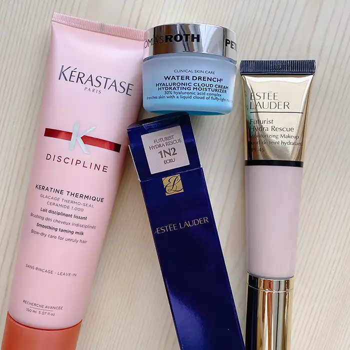 Kerastase Discipline Keratine Thermique, Estee Lauder Futurist Hydra Rescue foundation, Peter Thomas Roth Water Drench Hyaluronic Cloud Cream Hydrating Moisturizer