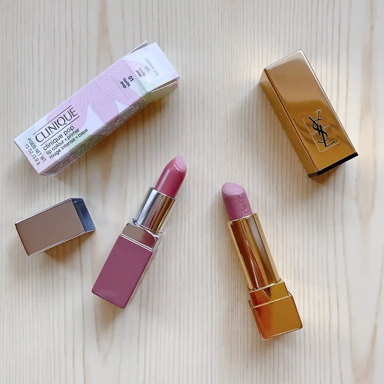 Clinique Pop Lip Colour + Primer 01 Nude Pop and YSL Rouge Pur Couture 10 Beige Tribute