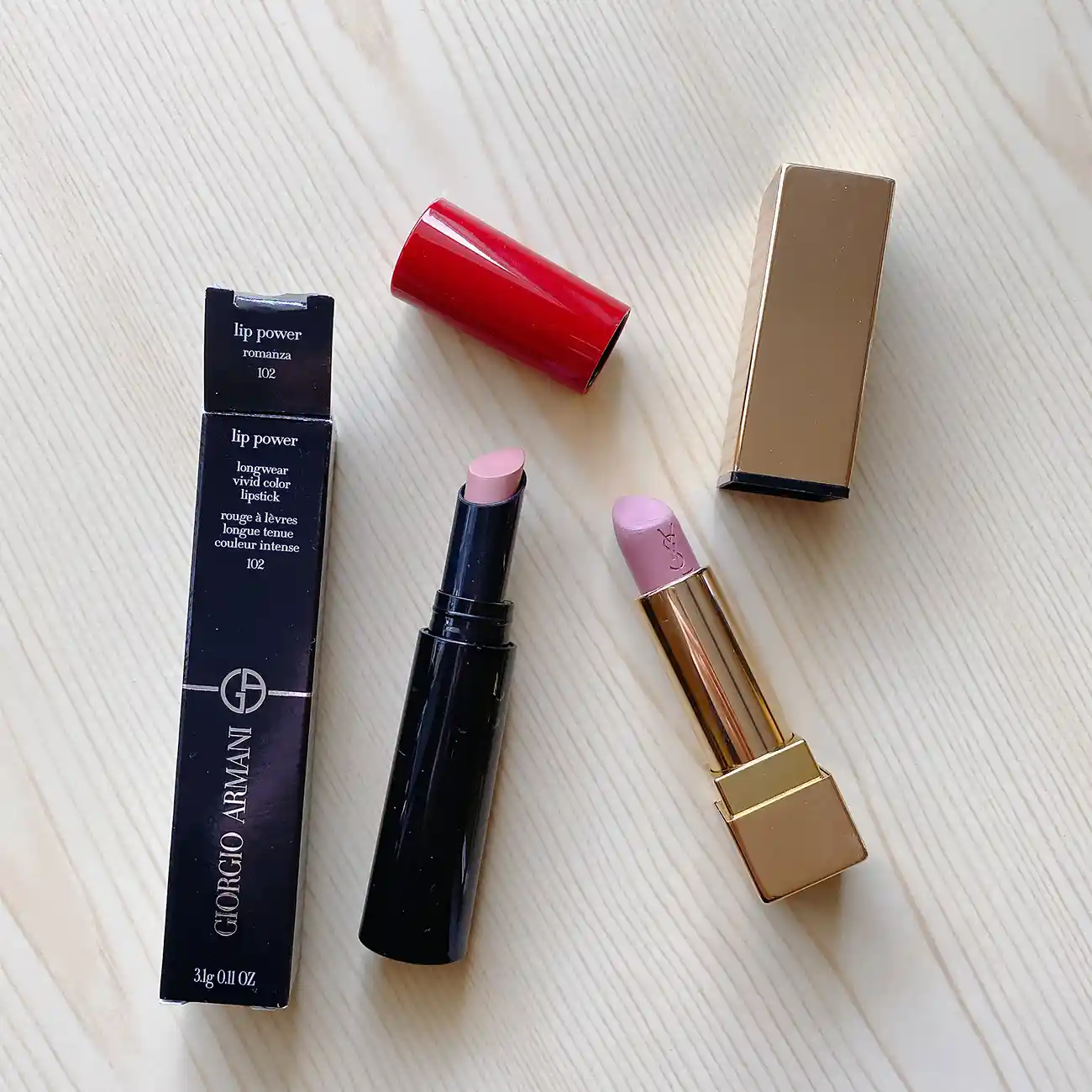 Armani Beauty Lip Power Romanza 102 and YSL Rouge Pur Couture 10 Beige Tribute