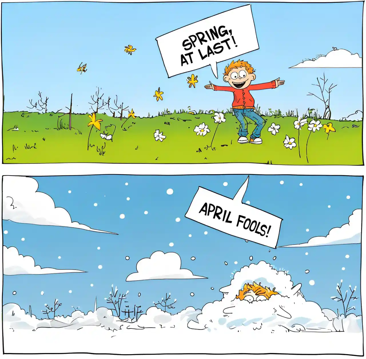 Comic about someone celebrating spring and then having snow up to their eyeballs