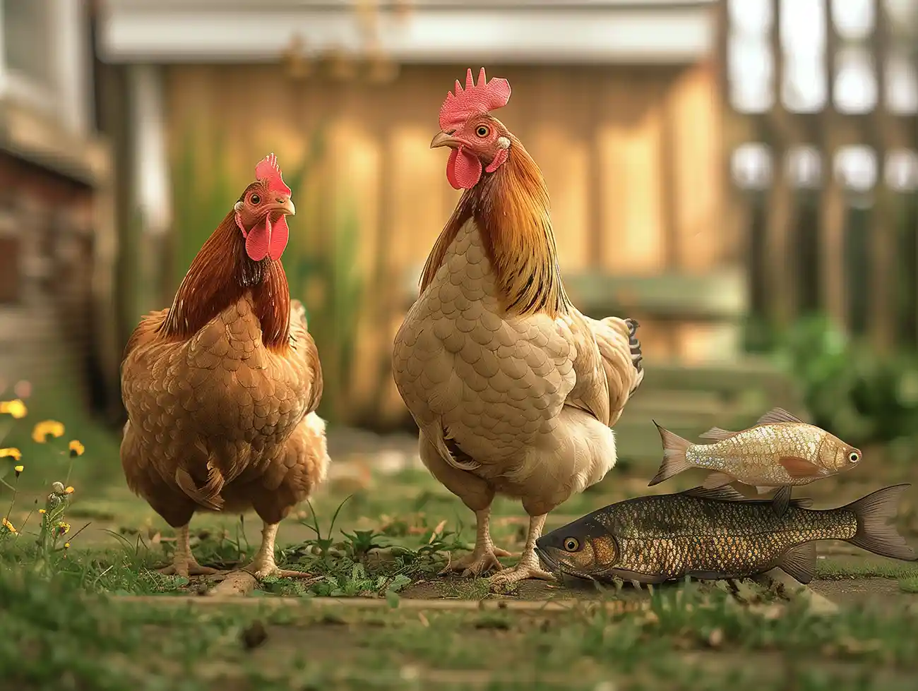 two chickens and a couple of fish next to each other on the lawn